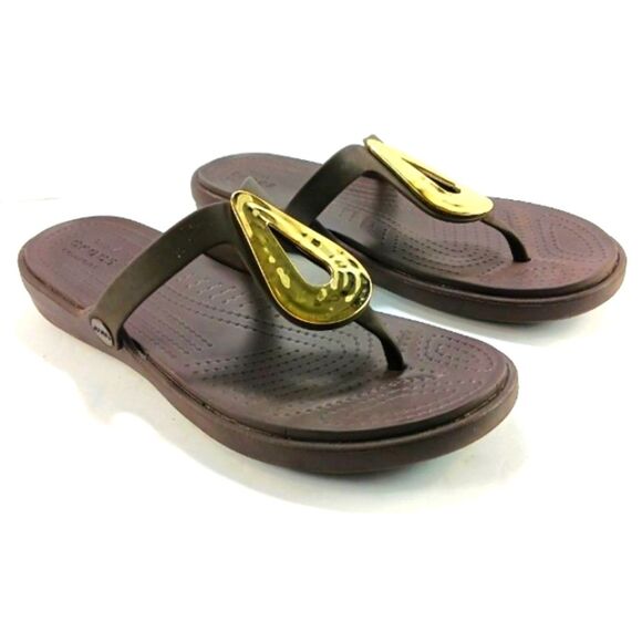 CROCS Women's Thong Sandals in Brown with Gold Accents Size 11 - Picture 6 of 9